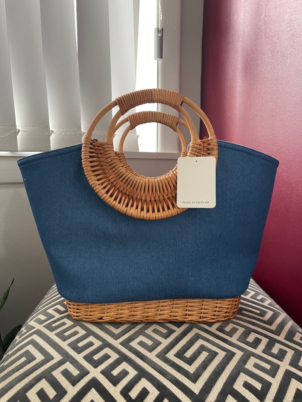 Straw Studios Navy Canvas Tote with Woven Rattan Handles